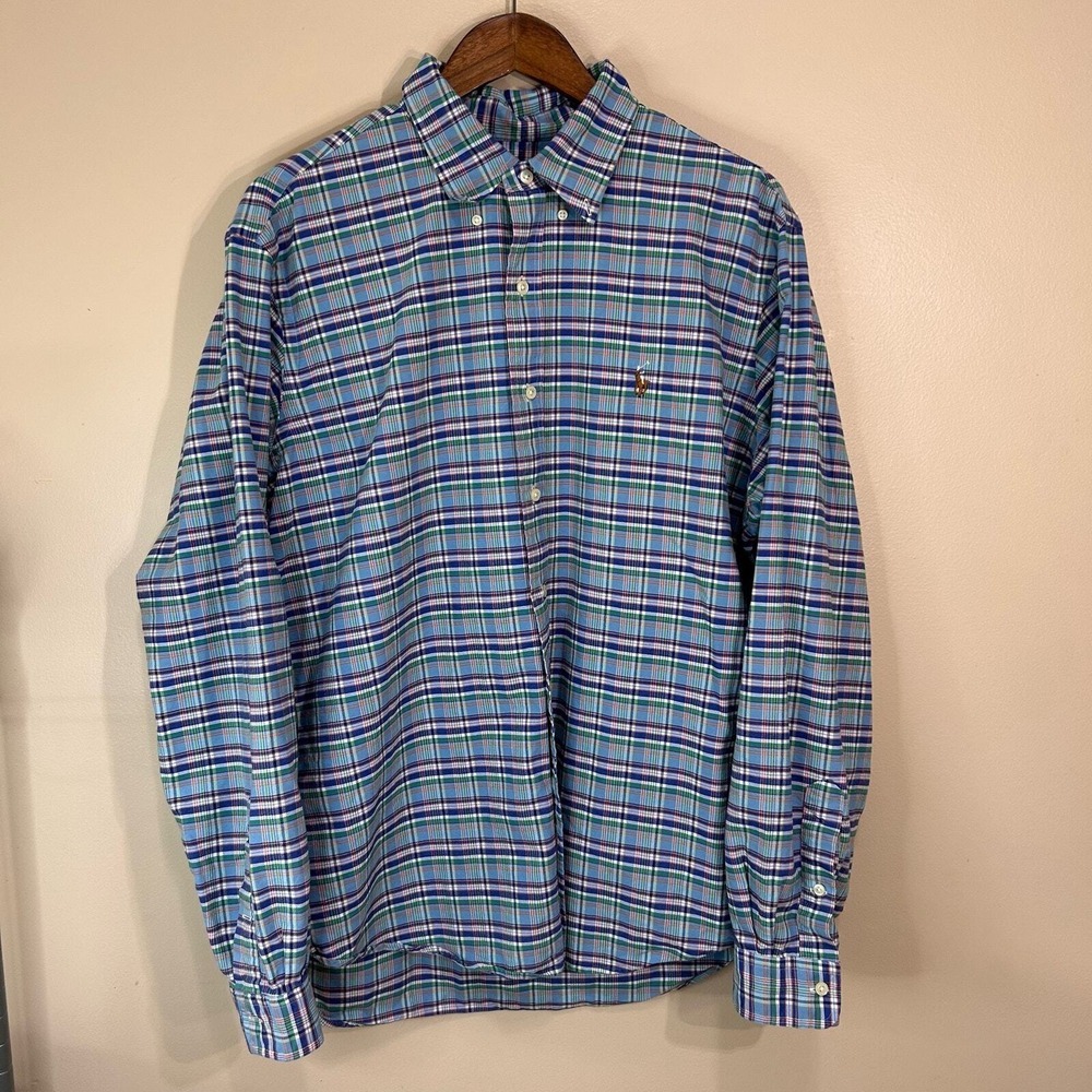 Ralph Lauren Mens Shirt XL Blue Oxford Plaid Long Sleeve Classic Fit Button Down